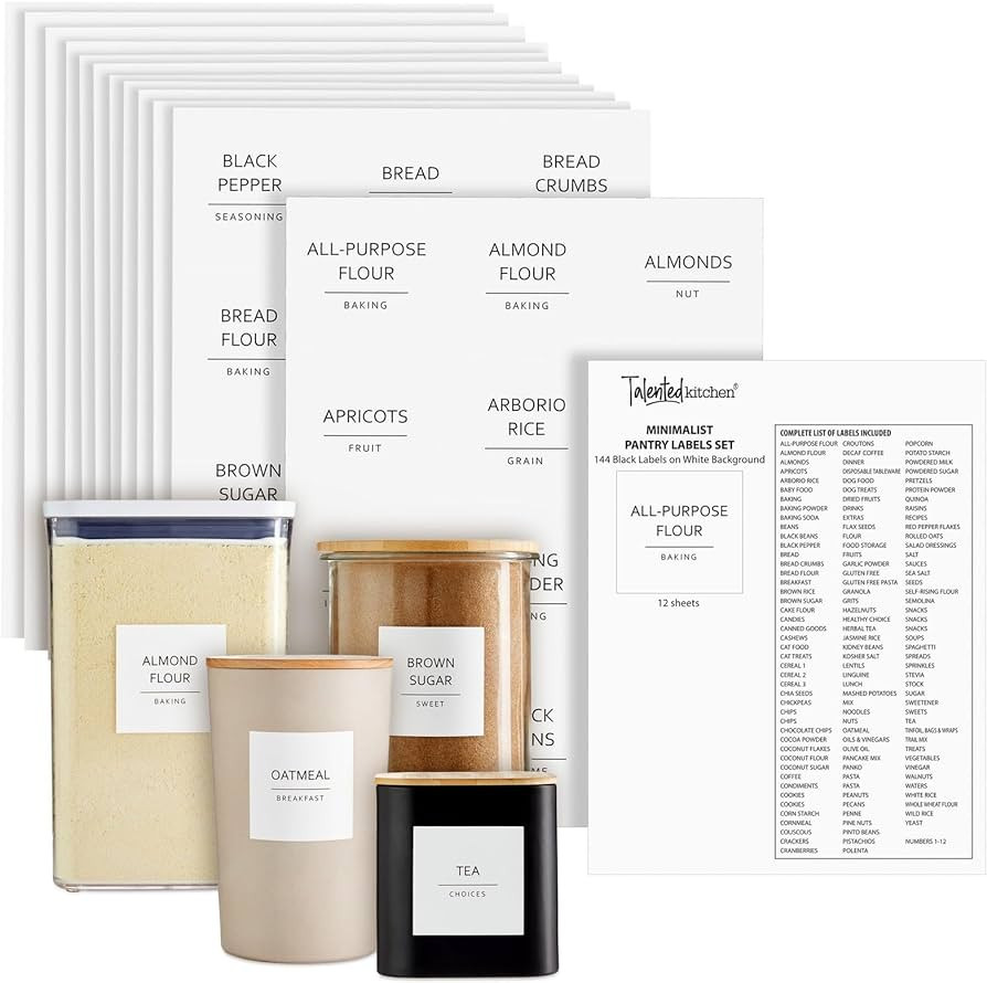 Talented Kitchen 144 Pantry Labels for Containers, Food Storage - Preprinted Black All-Caps on Ma... | Amazon (US)