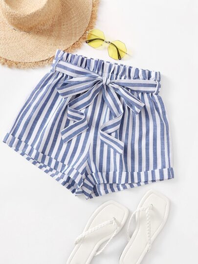 SHEIN VCAY Rolled Hem Self Belted Striped Shorts | SHEIN