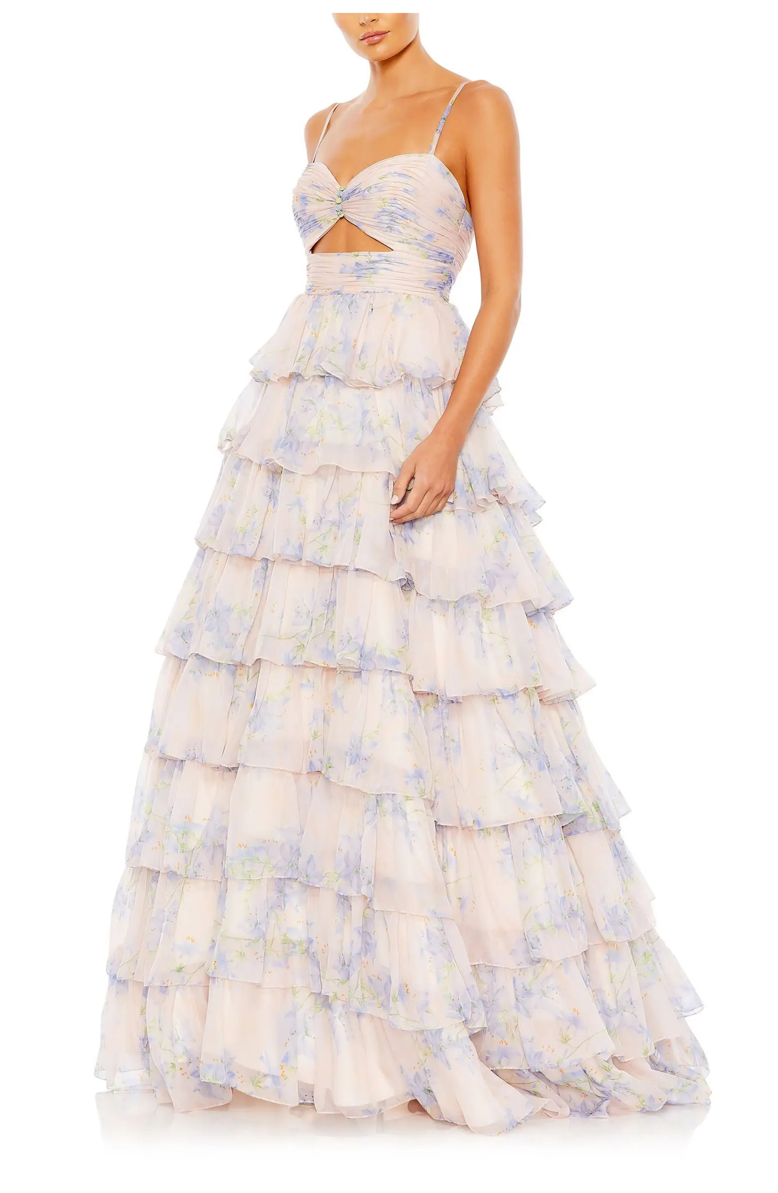 Floral Cut Out Ruffle Layered Gown | Nordstrom