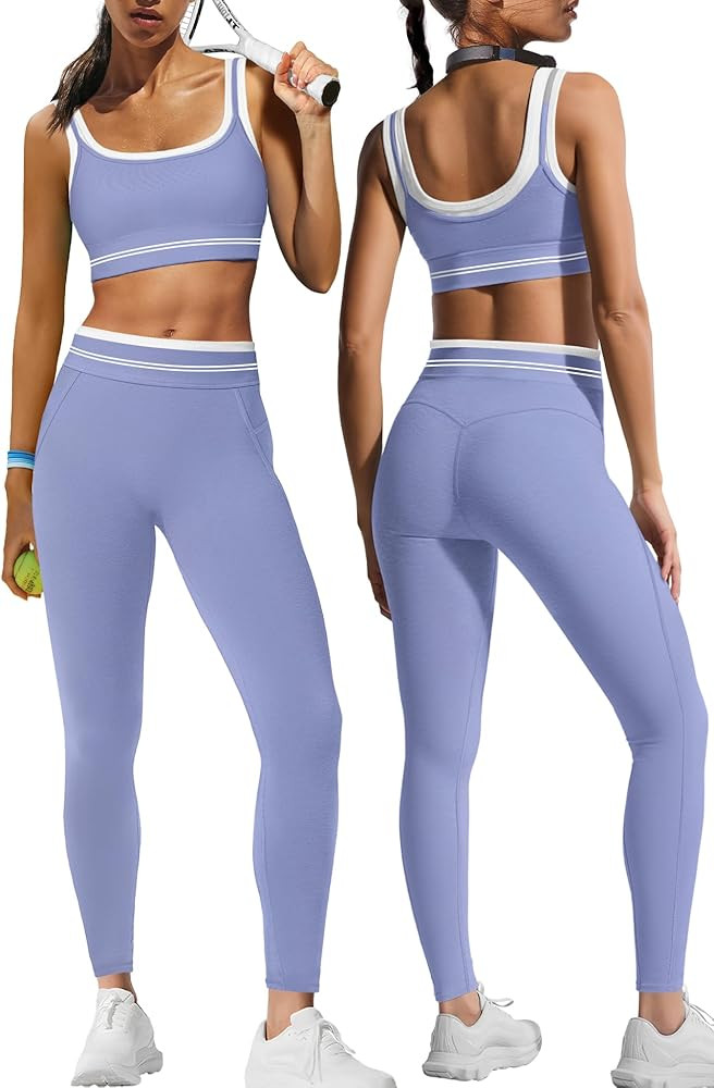 ReachMe Womens 2 Piece Workout Sets Striped Athletic Matching Sets Padded Sports Bras and Gym Leg... | Amazon (US)