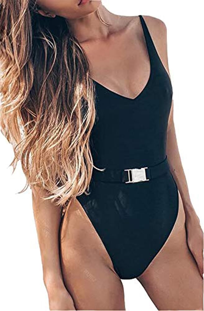 FEIYOUNG Sexy Womens Monokini Scoop Neck One Piece Backless Cheeky Swimwear Semi Thong Bikini with B | Amazon (US)