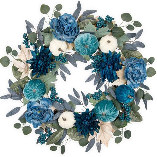 Briful 26" Blue Fall Wreath with Velvet Pumpkins, Faux Peonies & Eucalyptus – Artificial Autumn Wreath for Front Door, Wall, Indoor Thanksgiving, Wedding Decor | Amazon (US)