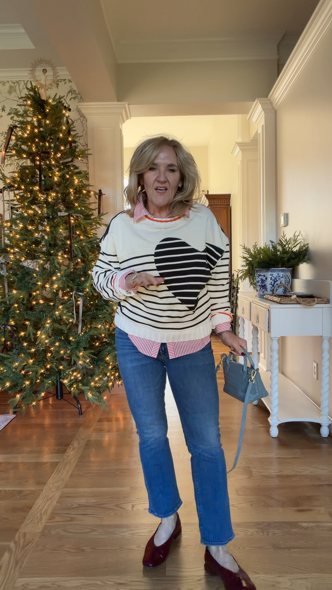 @anthropologie new arrivals. 
Love these burgandy flats. Super cute with socks too. Tts. 
Sweatshirt & sweater size medium 
Mother jeans these you must size up! Wearing a 30 petite 

#LTKootd #LTKPetite #LTKOver40