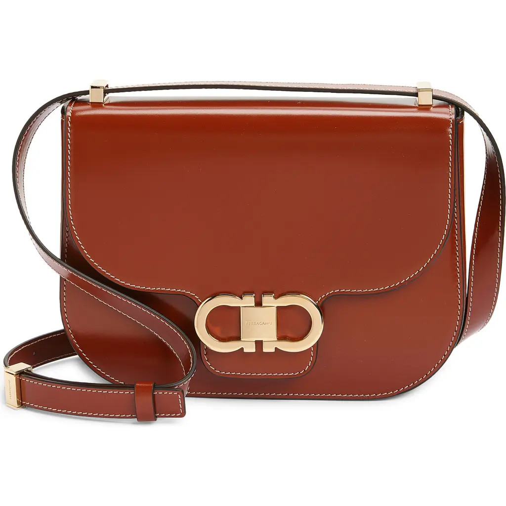 FERRAGAMO Double Gancio Leather Crossbody Bag in Dark Cognac/Testa Di Moro at Nordstrom | Nordstrom