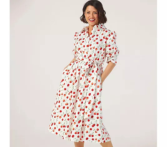 Helene Berman X Katy Cotton Stretch Cherry Shirt Dress - QVC UK | QVC UK