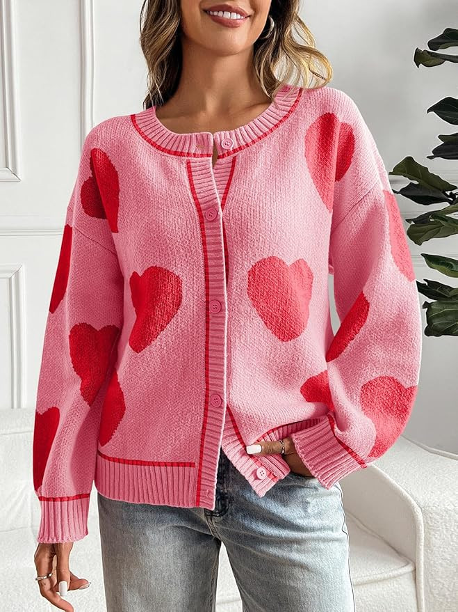 Saodimallsu Womens Cute Heart Cardigan Sweaters Chunky Knit Button Down Crewneck Long Sleeve Swea... | Amazon (US)