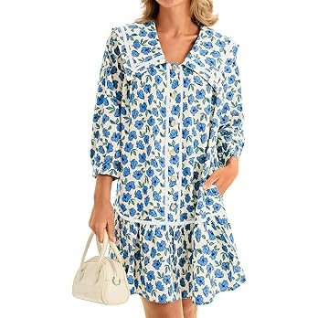 Wenrine Womens Casual Shirt Dresses 3/4 Long Sleeve Floral Button Down Flowy Babydoll Fall Mini D... | Amazon (US)
