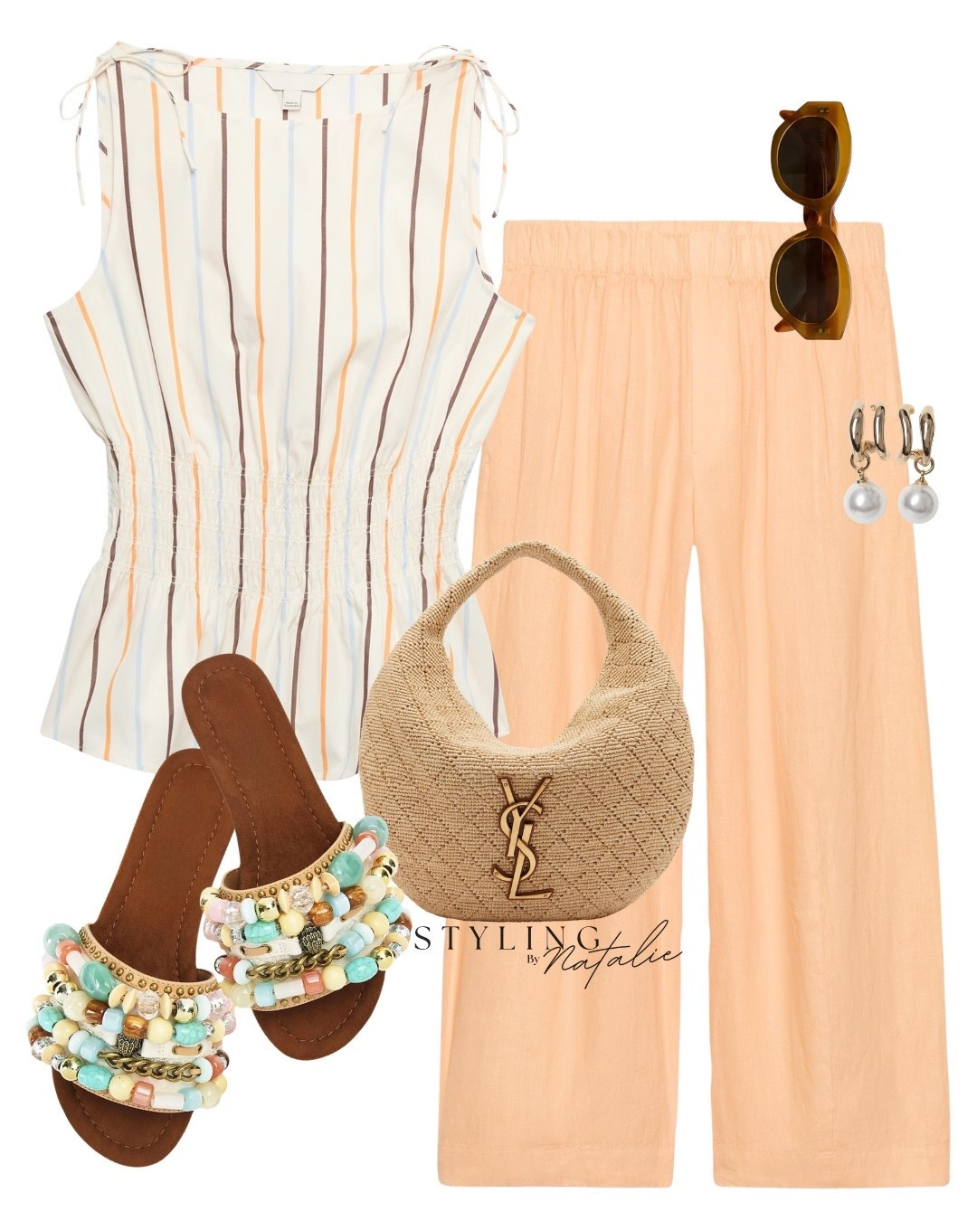 Casual comfy spring summer look- Striped top with shirted waist, peach linen trousers, beaded sandals, YSL raffia bag & pearl earrings. Zara, date night, holiday look, casual everyday style #zara

#LTKuk #LTKsummer #LTKeurope