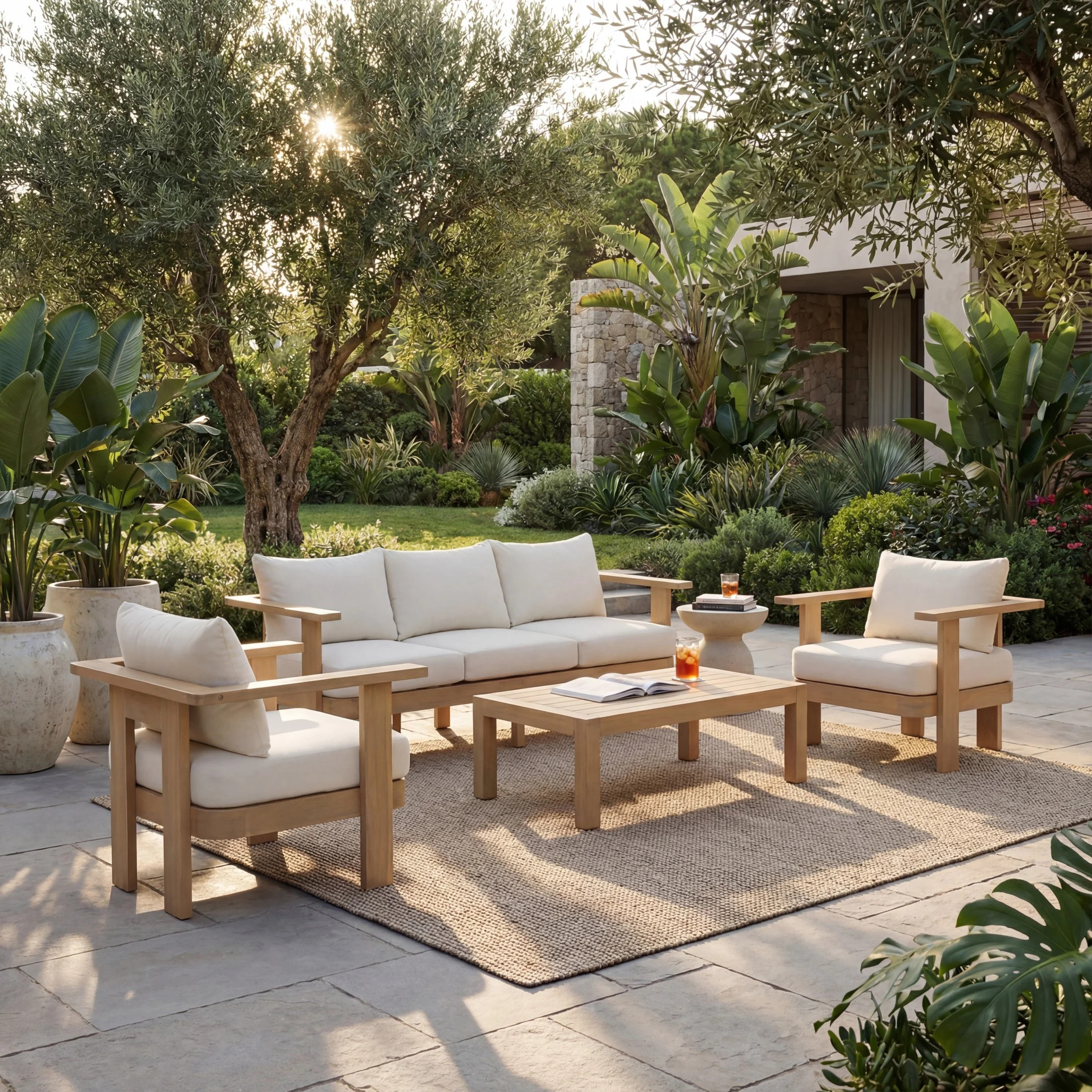 Christopher Knight Home 4-Piece Patio Conversation Set with Cushions, Coffee Table, Light Teak + ... | Walmart (US)