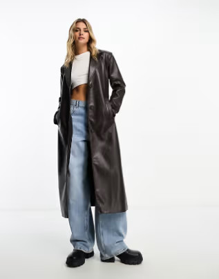 Pull&Bear premium faux leather trench coat in dark brown | ASOS (Global)