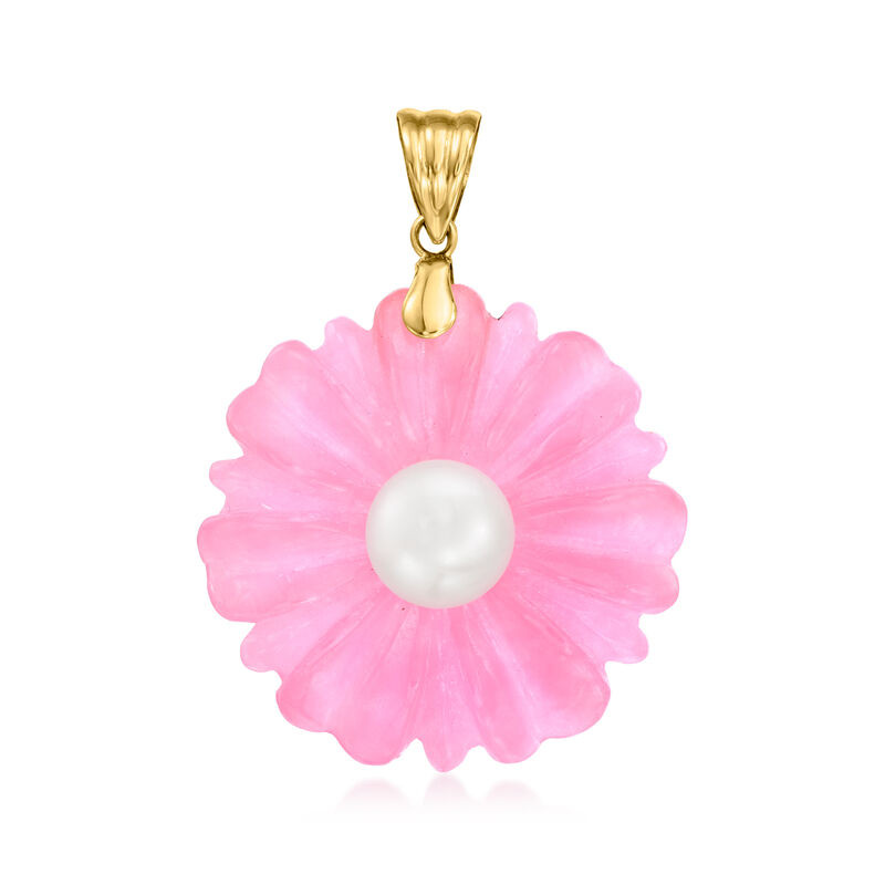 8.5-9mm Cultured Pearl and Pink Jade Flower Pendant with 14kt Yellow Gold | Ross-Simons