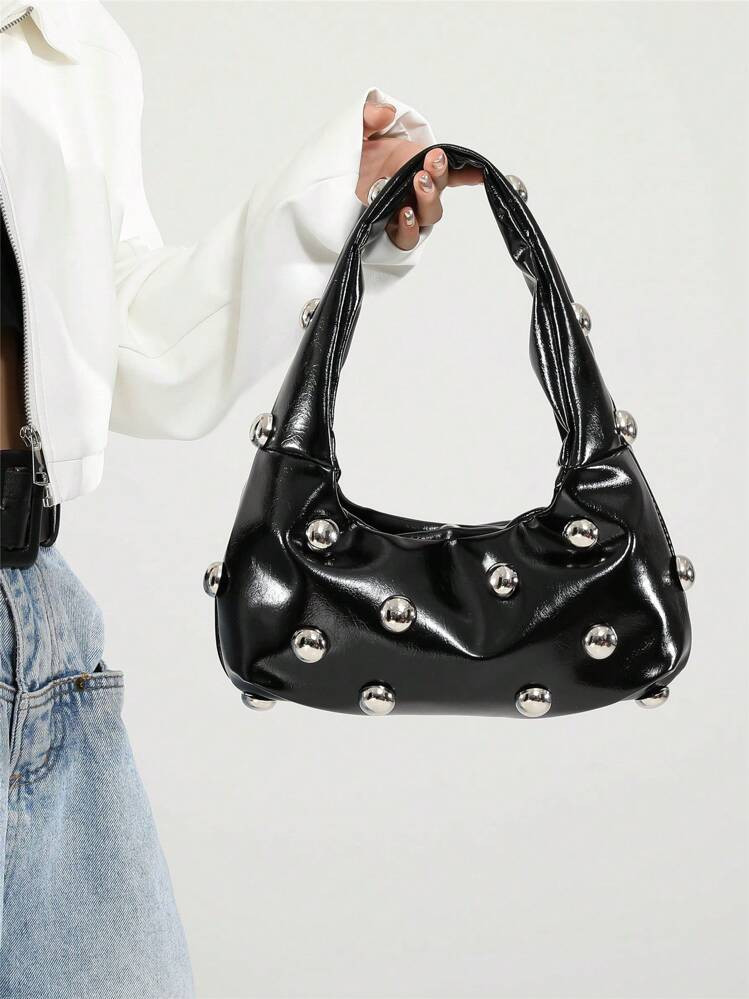 Black Vintage Babe Oversized Shoulder Bag For Women, Waxed Soft Leather, Rivet Decor, Crescent Sh... | SHEIN