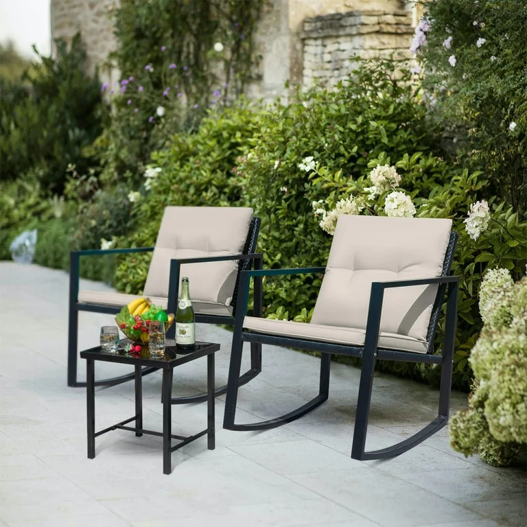 Devoko 3 Pieces Patio Furniture Sets Outdoor PE Rattan Bistro Rocker Conversation Sets with Glass... | Walmart (US)