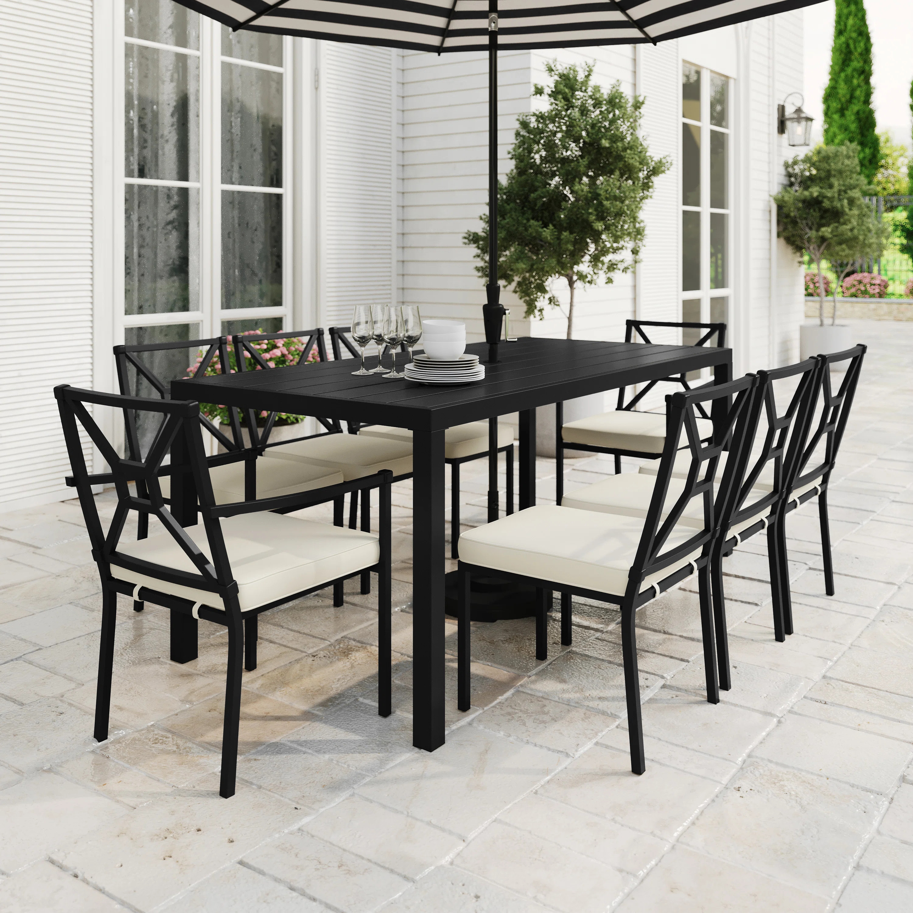 Martha Stewart Lily Pond 9-Piece Steel Patio Dining Set With 8 Stackable Chairs And 70" Table | Wayfair North America