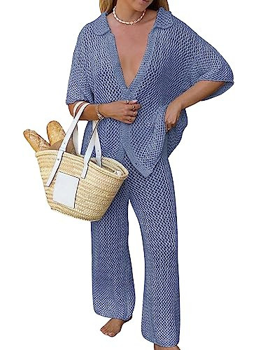 Famulily 2 Piece Crochet Bathing Suit Cover Up 2 Piece Crochet Sets for Women 2 Piece Crochet Hollow Out Cover Up Set Grayish Blue XL | Amazon (US)