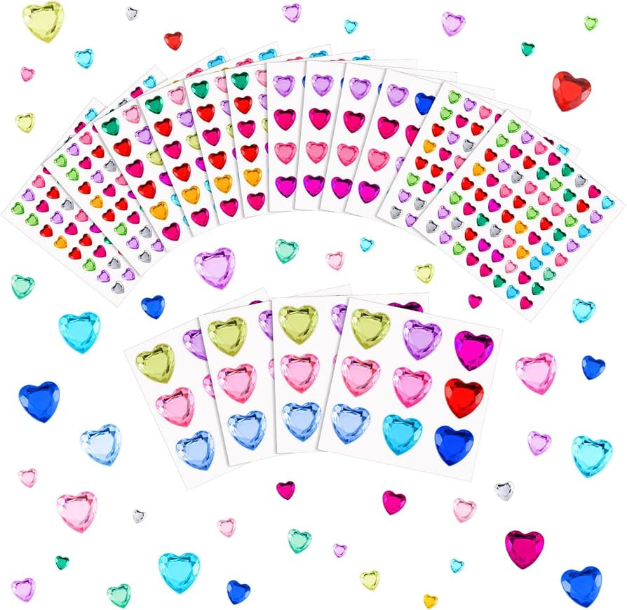 Chuangdi 516 Pcs Heart Rhinestones Sticker Acrylic Heart Gems Stickers Crystal Gems Self Adhesive... | Amazon (US)