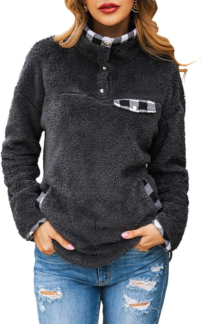 KIRUNDO Women’s Fashion High Collar Long Sleeves Sweaters Plaid Print Fleece Button Down Short ... | Amazon (US)