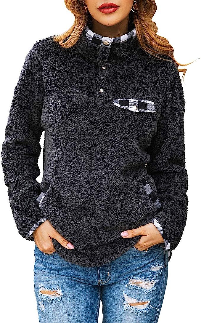 KIRUNDO Women’s Fashion High Collar Long Sleeves Sweaters Plaid Print Fleece Button Down Short ... | Amazon (US)