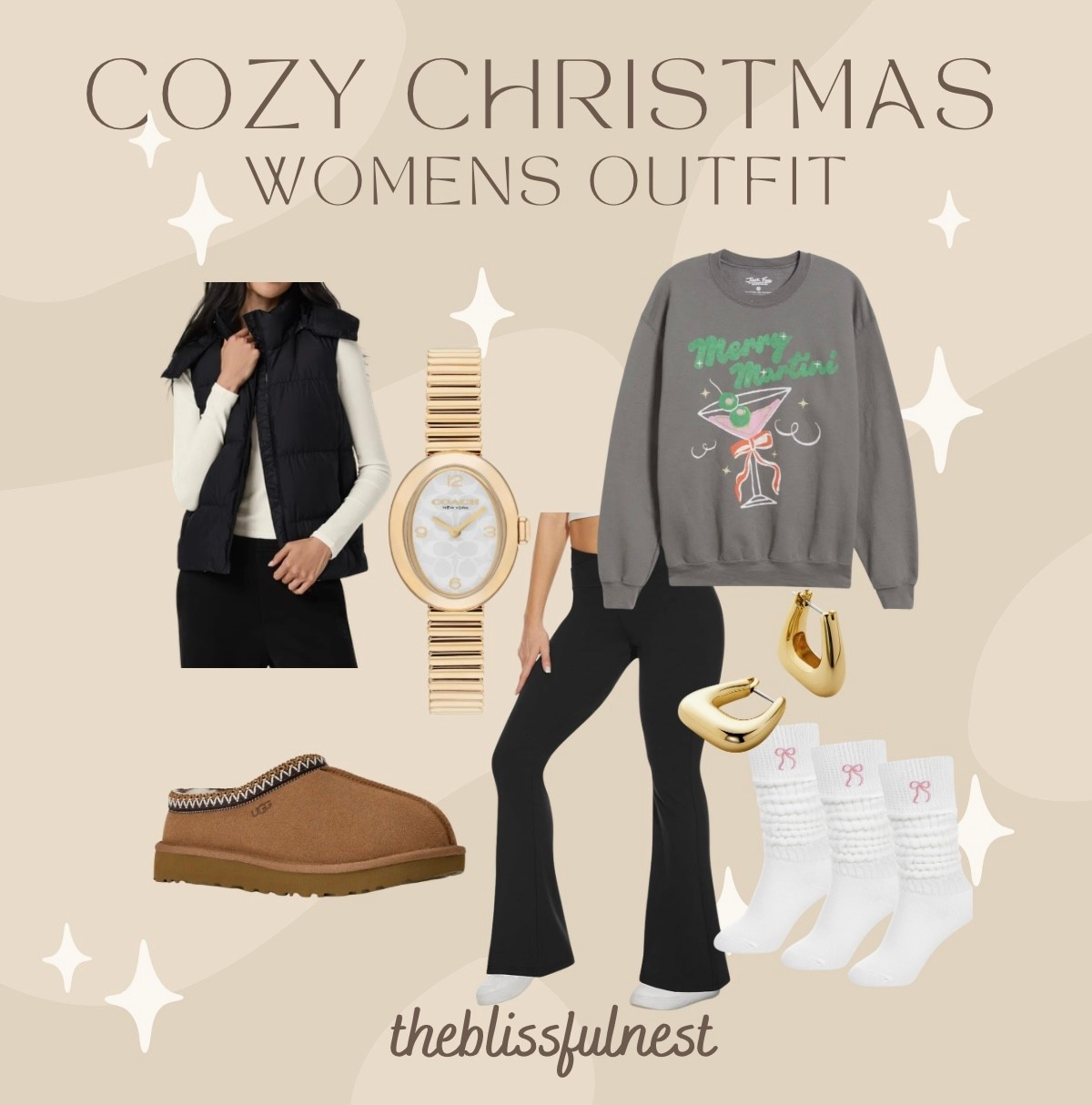 Cozy women’s Christmas outfit 

Christmas sweatshirt, women’s Christmas sweaters, gold earrings, gold hoops, bow socks, gold watch, women’s gift guide, wide leg tights, puffer vest, uggs, uggs outfit 

#LTKootd #LTKHoliday #LTKGiftGuide