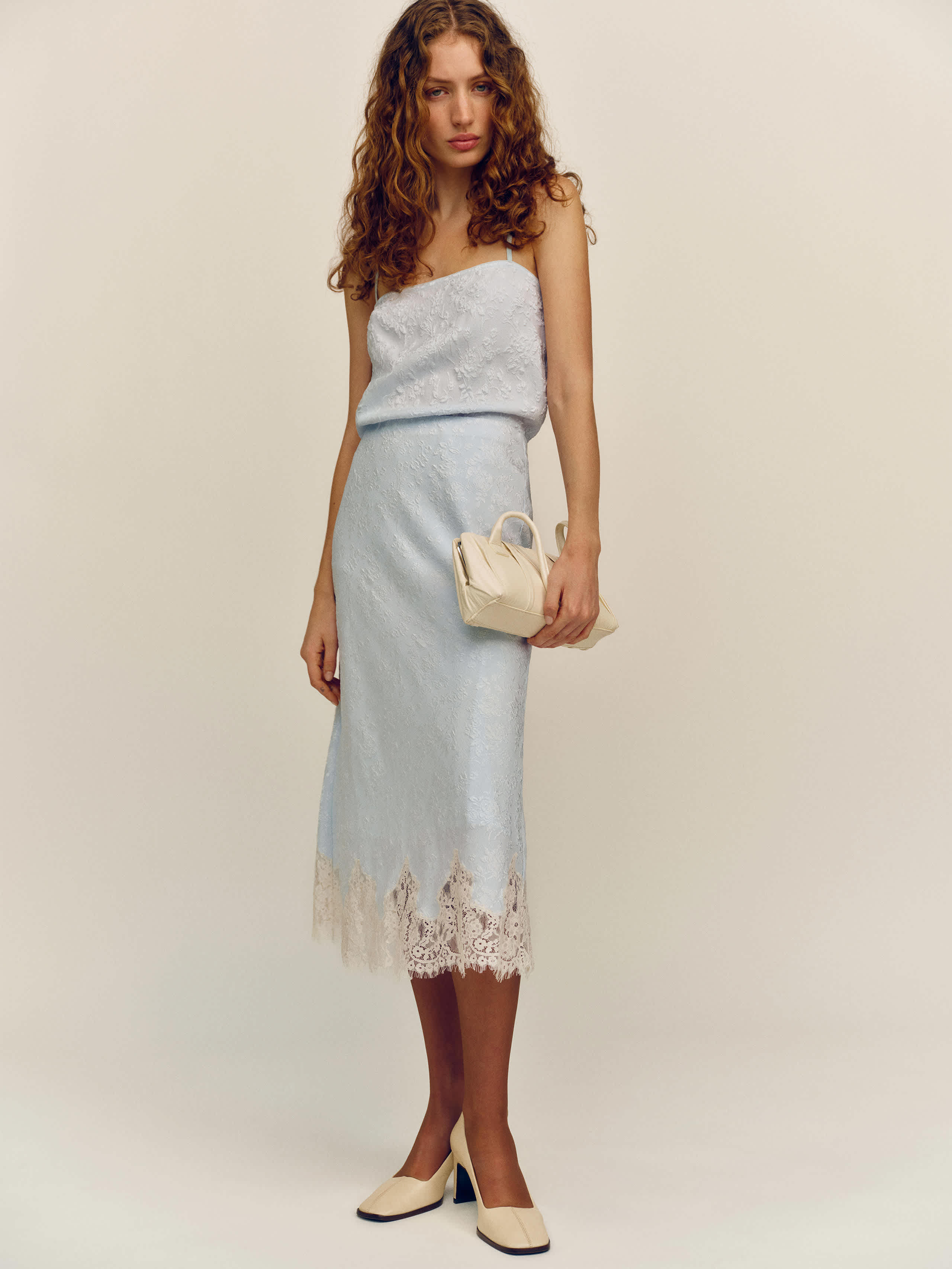 Reformation Carolina Skirt Sky Blue Jacquard Lace Small | Reformation (Global)