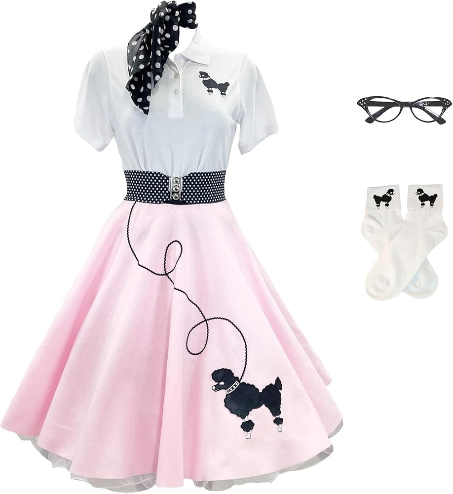 Hip Hop 50's Shop 1950s Poodle Skirt, Petticoat, Polo Shirt with Accessories, Adult 7 Piece Costu... | Amazon (US)