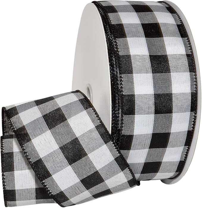 Morex Ribbon 7398.60/50-613 Cambridge 2.5" X 50 YD Wired Ribbon, Black and White, Buffalo Check P... | Amazon (US)