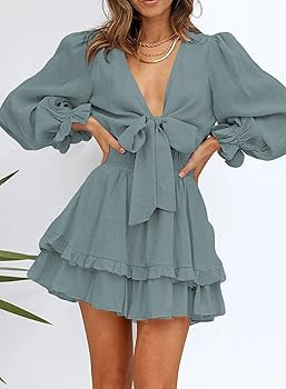 Dokotoo Womens Casual Spring Fall 2025 Deep V Neck Knotted Tiered Chiffon Elegant Mini Short Swin... | Amazon (US)