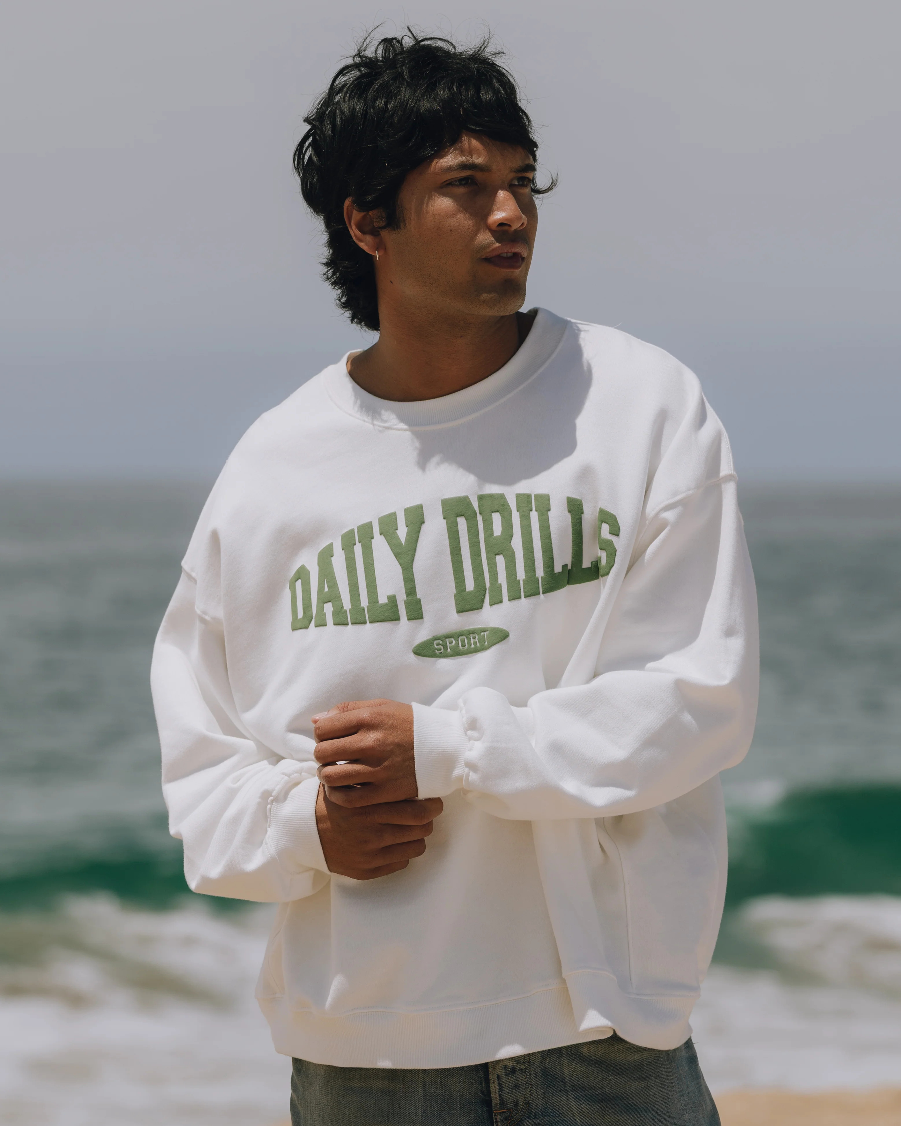 Oversized Sport Crew - Raw White with DD Green | Daily Drills LLC