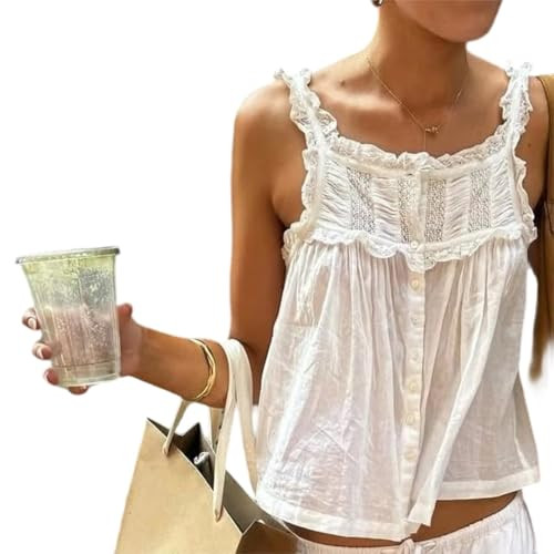 Women Boho Lace Trim Tank top Sleeveless Button Down Front Tie Lace Babydoll Tops Flowy Crop Top Beach Vacation Tops (frillet Crochet White, S) | Amazon (US)