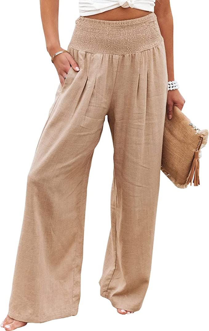 Women Cotton Linen Pants Loose Beach Elastic High Waist Casual Wide Leg Palazzo Yoga Lounge Trous... | Amazon (US)