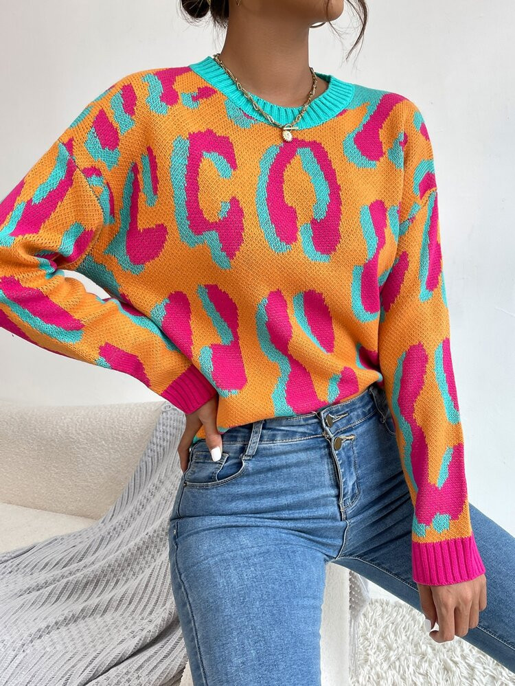 Graphic Pattern Drop Shoulder Contrast Trim Sweater | SHEIN