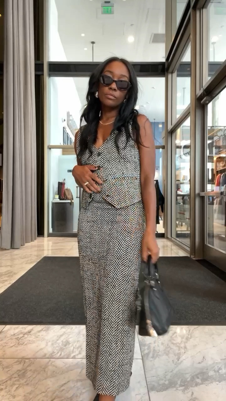 Work wear: Black and white vest and skirt set. Pointed toe heels, and sunglasses 

#LTKshoecrush #LTKCon #LTKstyletip