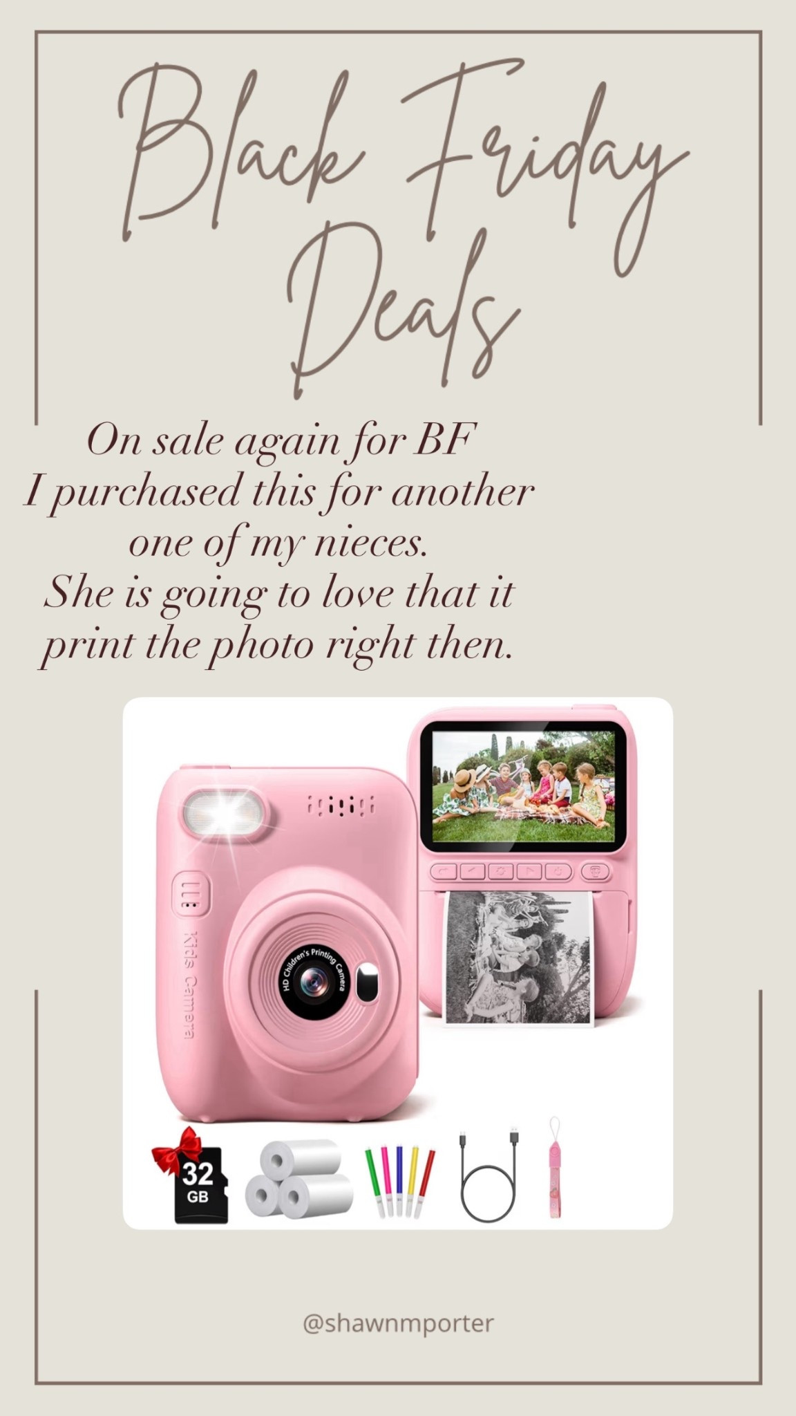 Instant print camera for kits. Get your photo printed right then. Comes with extra paper charging cord, etc. 

#LTKKids