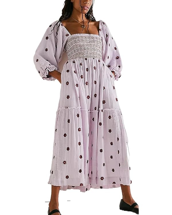 Argeousgor Women 2023 Bohemian Floral Dress Square Neck Ruffle Swing A Line Maxi Dress Long Sleev... | Amazon (US)