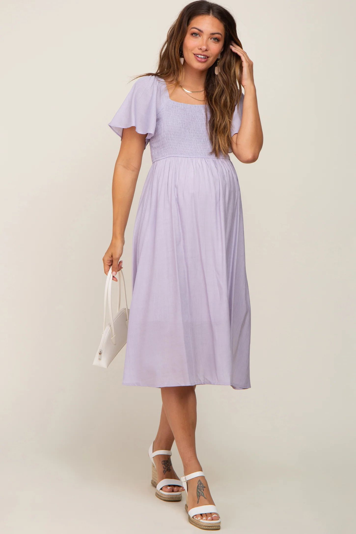 Lavender Smocked Square Neck Flutter Short Sleeve Maternity Midi Dress | PinkBlush Maternity
