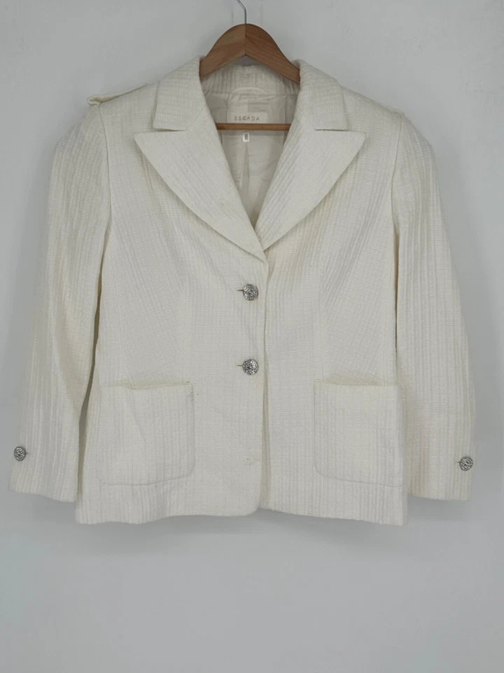 Escada Womens Blazer Jacket Sz 44 White Geometric Textured Stripes Rhinestone U2  | eBay | eBay US