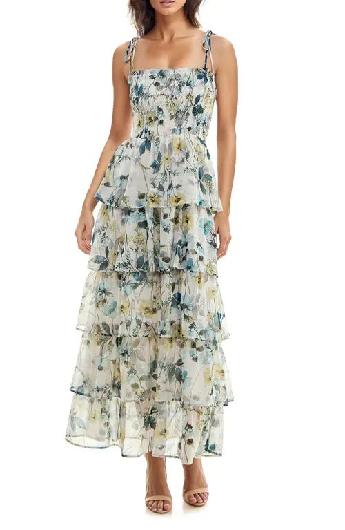 Socialite Floral Tiered Maxi Sundress in Ivory/Teal at Nordstrom, Size Large | Nordstrom