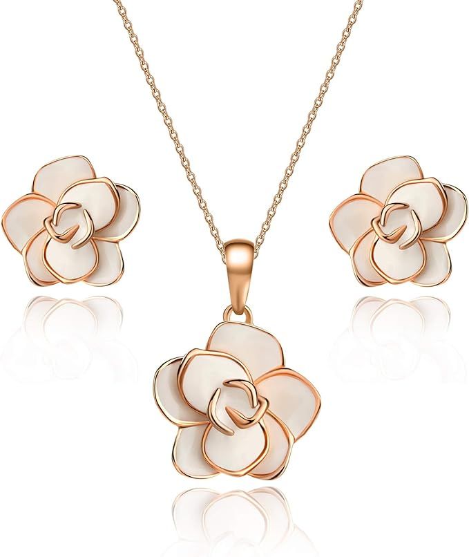 EVEVIC Rose Flower Necklace Earrings Set for Women 18K Gold Plated Hypoallergenic Jewelry Sets | Amazon (US)