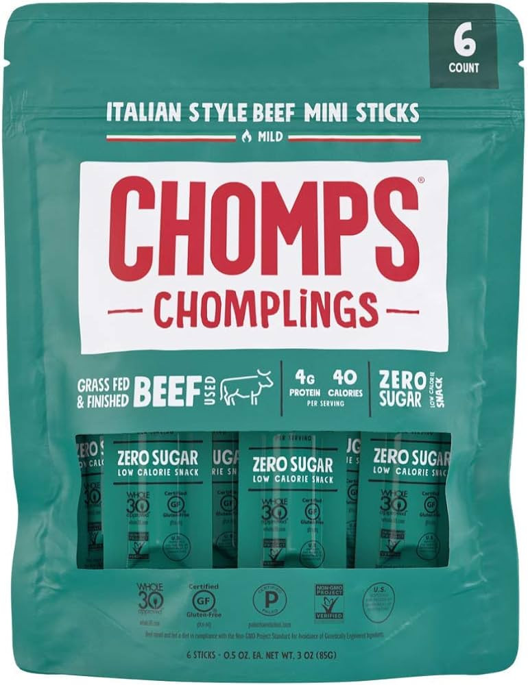 CHOMPS MINI Grass Fed Beef Jerky Meat Snack Sticks 6 count(0.5 Oz), 3 ounce Italian Beef | Amazon (US)