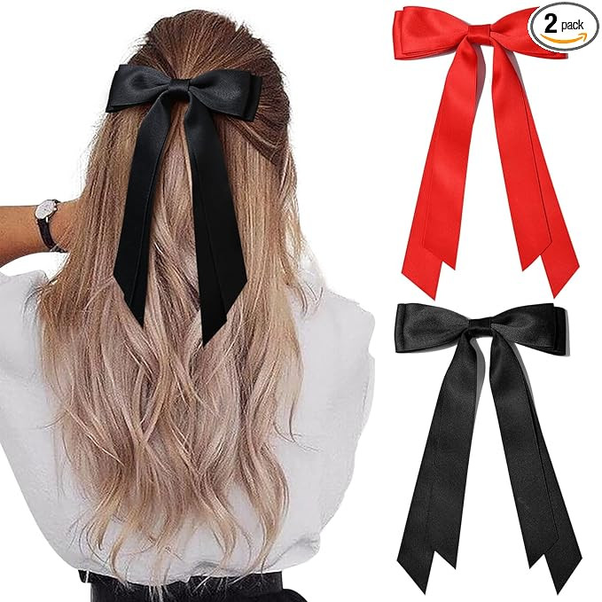 2PCS Silky Satin Hair Bows Hair Clip Black Red Hair Ribbon Ponytail Holder Accessories Slides Met... | Amazon (US)