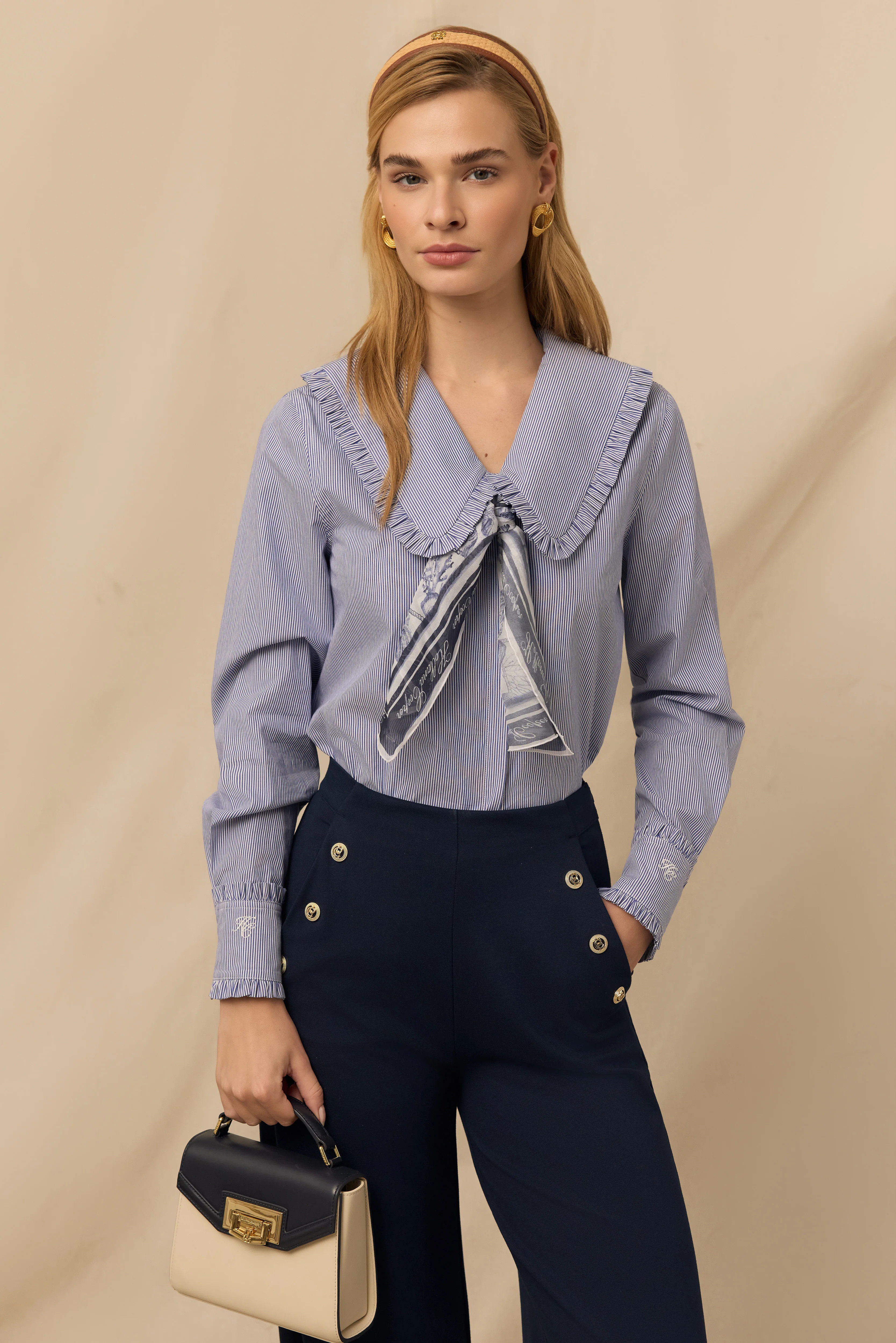 Clementine Ruffle Collar Shirt (Yacht Blue Stripe) | Holland Cooper