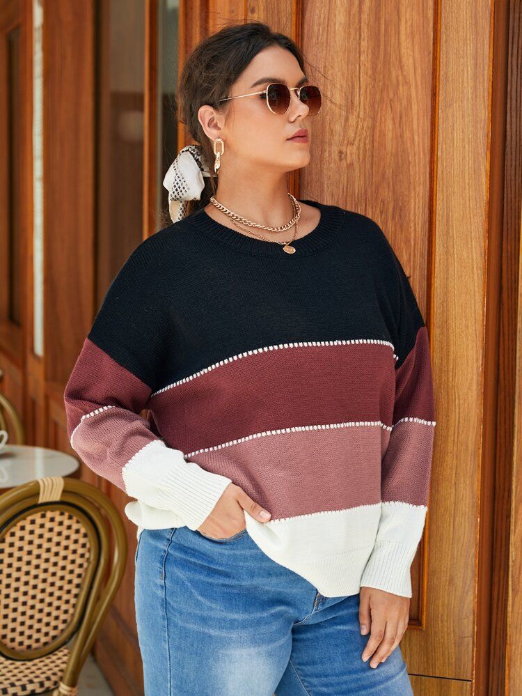 Plus Block Striped Pattern Drop Shoulder Sweater | SHEIN