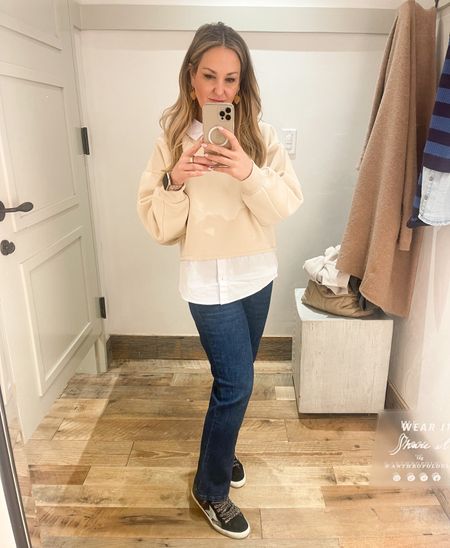 Bought these Maeve denim jeans and this top! Love the two in one layering pieces. Oversized, relaxed and comfortable. 
Denim size up 1! 

#LTKstyletip #LTKSeasonal