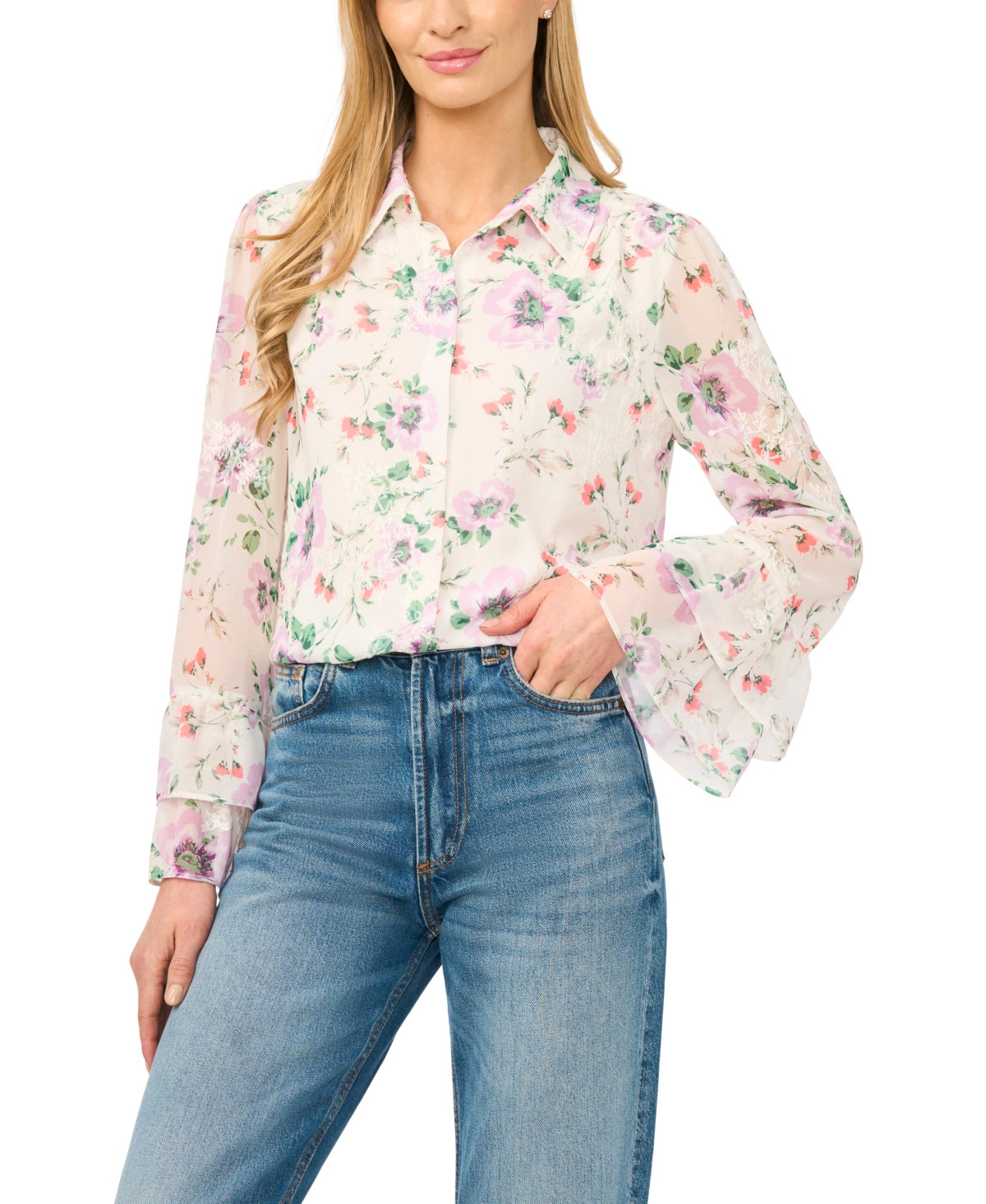 CeCe Women's Printed Collared Long-Sleeve Shirt - New Ivory | Macy's