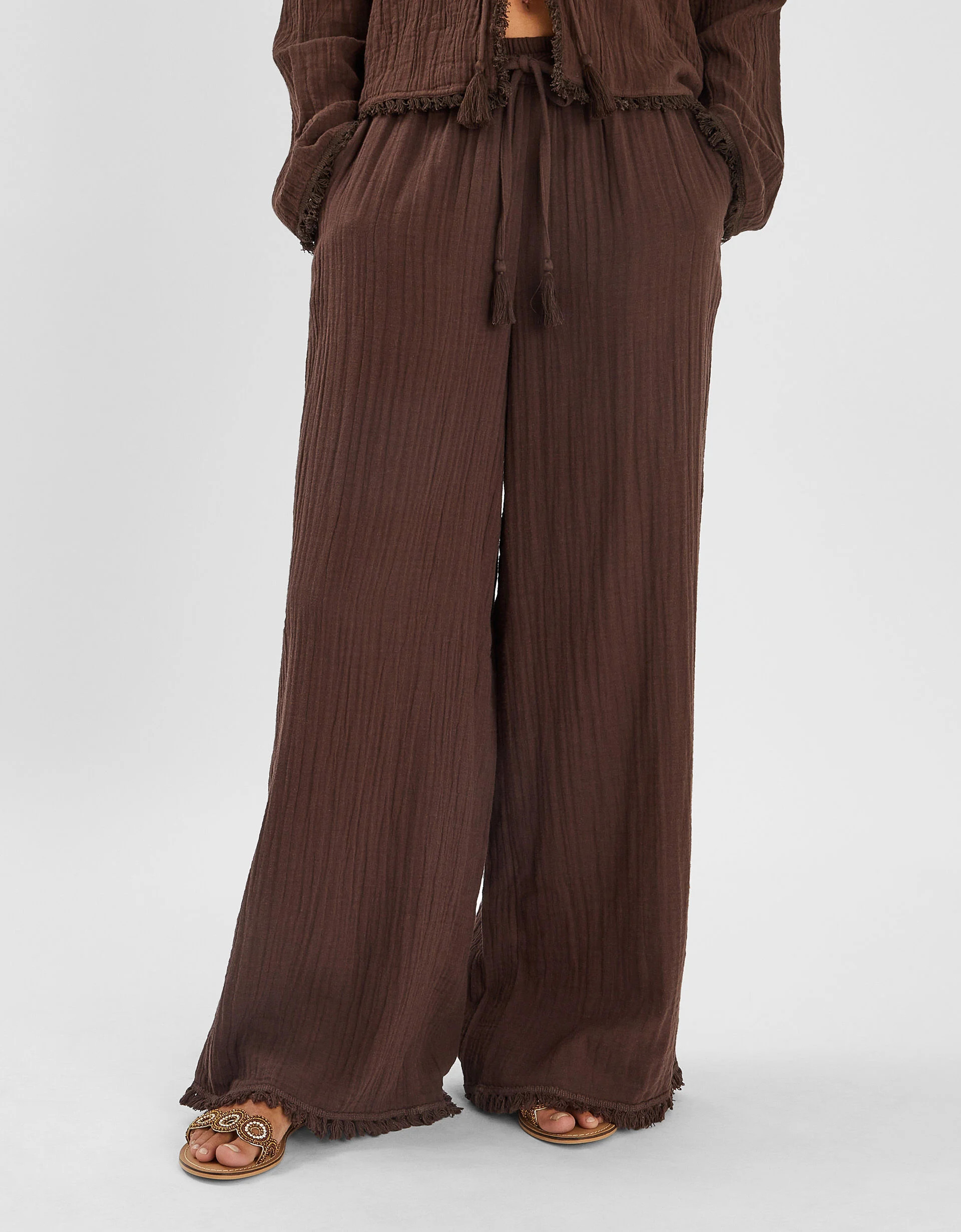 Crinkle Tassel Wide Leg Trousers Brown | Accessorize (Global)