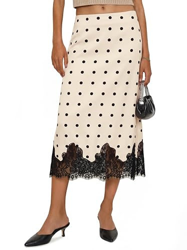 Cicy Bell Womens Silk Satin Polka Dot Midi Skirts Casual Dressy Lace Hem High Waisted A-Line Skirt Elegant Party Cocktail Outfit | Amazon (US)
