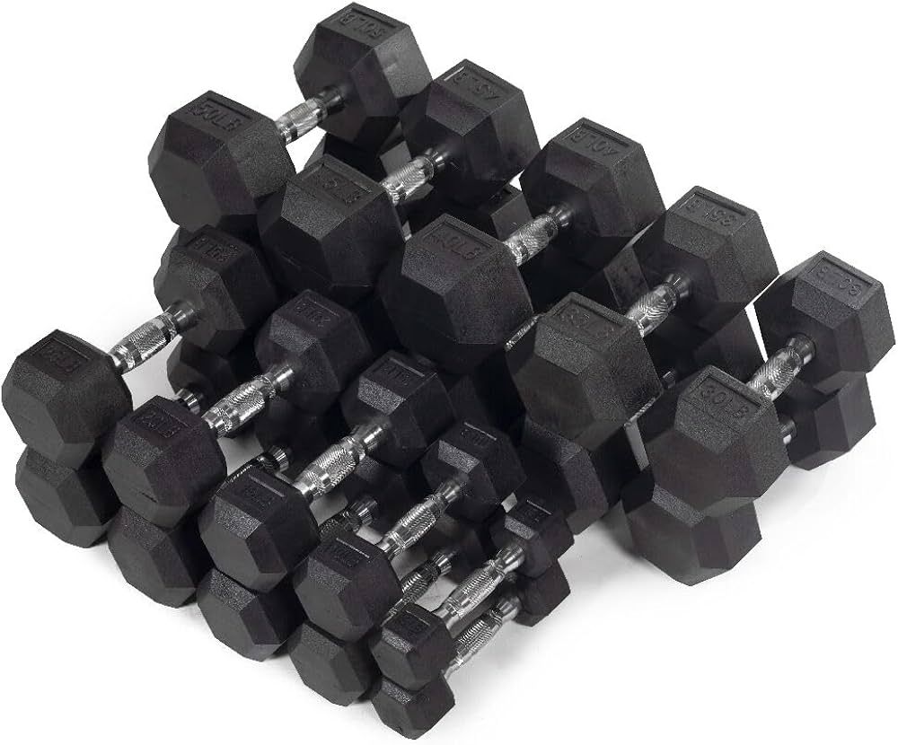 Titan Fitness 5-50 lb Sets Black Rubber Coated Hex Dumbbell Free Weights, Ergonomic Chrome medium... | Amazon (US)
