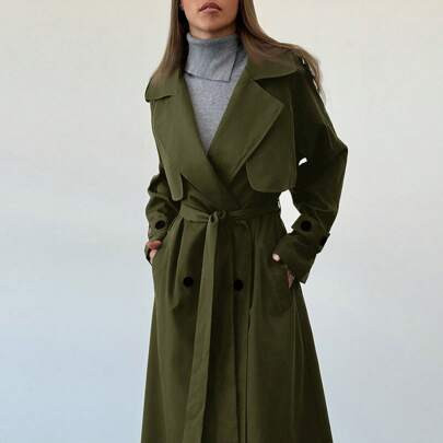 New Sharp Collar Cinched Waist Waist Extra Long Hooded Black Trench Coat With Pockets, Cool Girl Vibe For Early Autumn To Deep Winter | SHEIN