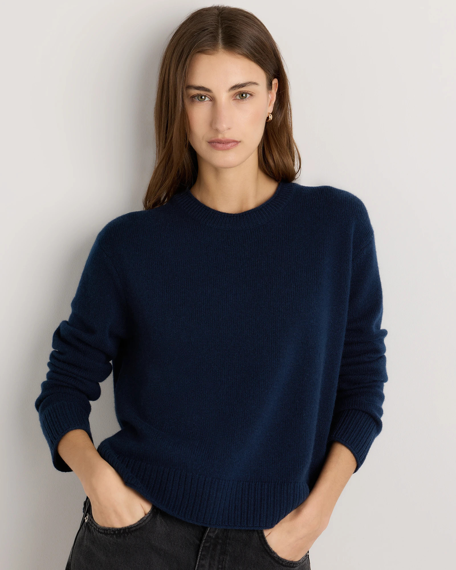 Quince | Women's Mongolian Cashmere Boxy Crewneck Sweater in Faded Denim/Brown/Ivory Variegated Stripe, Size Medium | Quince