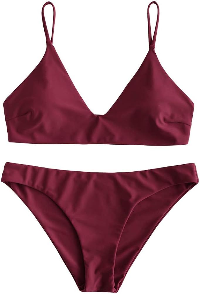 Women Solid Lace-Up Bikini Set Sporty Padded Bralette Swimsuit Bathing Suit | Amazon (US)